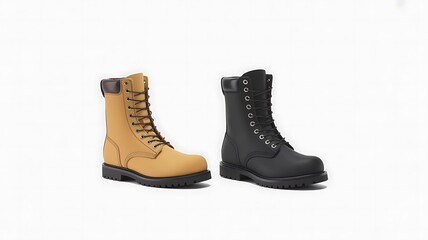 Pair of Tall Work Boots One Tan and One Black on a White Background footwear shoes