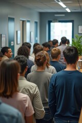 Obraz premium Ciudadanos de diversas edades y etnias esperan en una fila ordenada y ordenada en la recepción de una oficina gubernamental