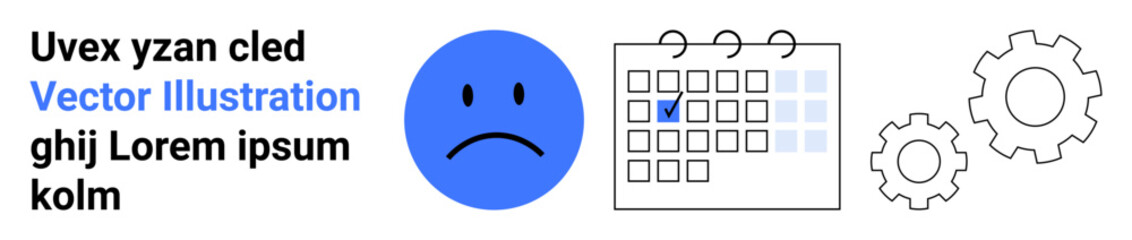 Fototapeta premium Task management, productivity, emotions, planning, mood tracking, business tools. Sad blue face, calendar with checkmark gear settings graphics. Productivity and emotions concept