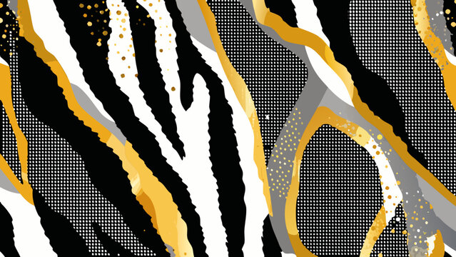 Abstract zebra and tiger stripes with gold accents on a black background