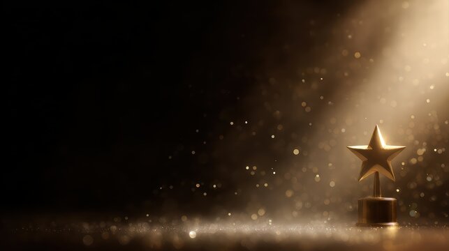 golden star trophy floating above shiny base, surrounded by glowing lights and shimmering particles, celebration and achievement concept - Powered by Adobe