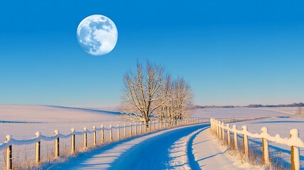 Snowy Country Road with Wooden Fence and Full Moon on a Clear Blue Winter Day path