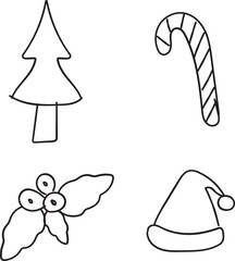 hand drawn christmas doodle set with pine tree candy cane holly berry and santa hat line art illustration on white background