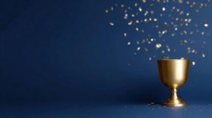 golden trophy cup with falling confetti, blue background, celebration and achievement concept