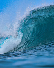 CloseUp Ocean Wave Curling With Spray, Majestic Blue Barrel, HighSpeed Capture Of Translucent Water,