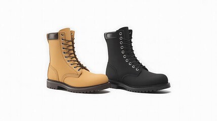 Tan and Black Lace Up Work Boots Side By Side On White Background image photo