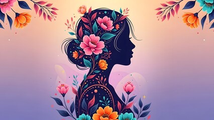 Fototapeta premium Vibrant floral portrait of a woman with flowers in hair and ombre background