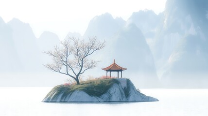 Tranquil island with Asian pavilion and bare tree amidst misty mountains and lake water