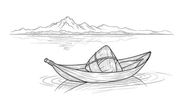 Tranquil boat floating on lake with mountain reflection in linear art