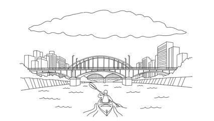 Fototapeta premium Kayaker on river with city skyline and bridge outline