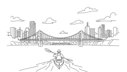 Kayaking adventure in city river with scenic urban skyline and suspension bridge