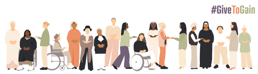 International Women's Day concept. #GiveToGain. Different women with hands together, extended forward in a gesture of offering.