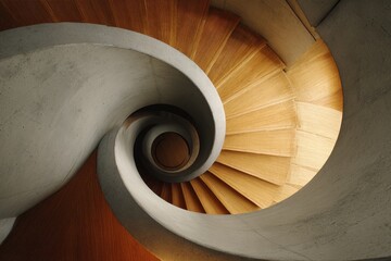Overhead view of a spiraling wooden staircase with concrete support creating an abstract shape