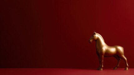 golden horse statue representing Chinese calendar 2026, red background, traditional new year celebration with text space