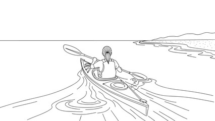 Kayaking adventure: linear art of person paddling in calm waters