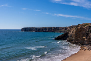 Scenic View Of Prainha das Po&ccedil;as beach and cliffs which is located in Sagres, Algarve Region of Portugal against Cloudy Sky. Located at the southwestern tip of mainland Europe.