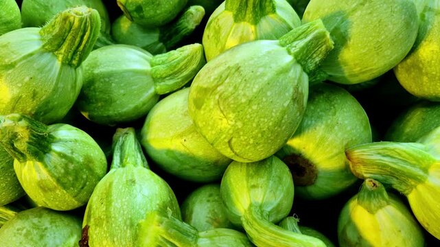 A close-up of fresh tinde (Indian round gourd) vegetables piled together at a market stall, showing short stems, and smooth skins that indicate recent harvest and freshness.