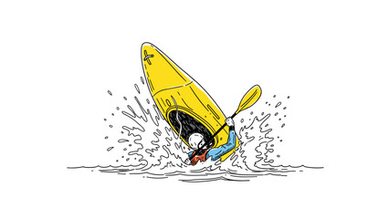 Dynamic adventure: vibrant cartoon kayaker performing exciting water stunt in yellow