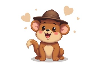 Playful cheerful brown fur character in hat with animated expression illustration.