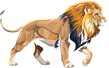 Majestic male lion vector illustration with geometric mane design, wild predator profile standing on white background, African safari wildlife animal king concept, © Ashraful