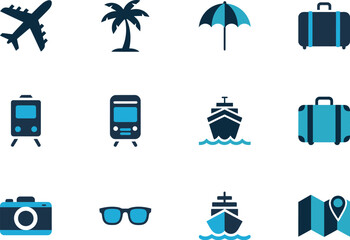 Travel icons for planning vacations and trips