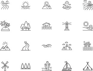 Landscape and Nature Scenery Line Art Icon collection. Includes line art symbols mountain, tree, lighthouse, beach, road and more. Landscape icon set. Minimalist icons pack.