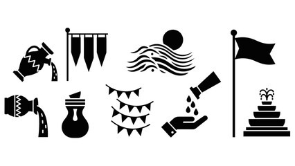 Silhouette icons of water elements and decorative flags in minimalist design