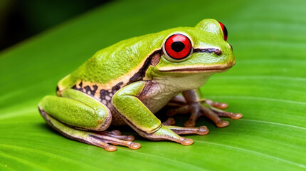 Obraz premium Red-Eyed Tree Frog Resting on Lush Green Leaf - Serene Close-Up Symbolizing Calm, Nature's Harmony and Vibrant Life