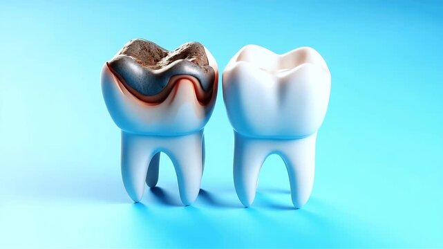 Comparison of healthy and decayed teeth on blue background