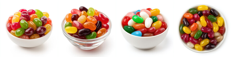 Variety of colorful jelly beans in bowls, showcasing mix of vibrant colors and flavors, creating cheerful and sweet display