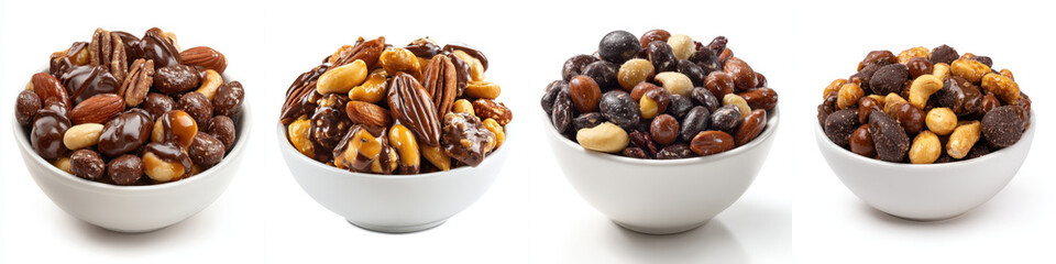 Variety of bowls filled with assorted nuts covered in chocolate and caramel, showcasing mix of almonds, pecans, and peanuts. image highlights rich textures and indulgent appeal of treats