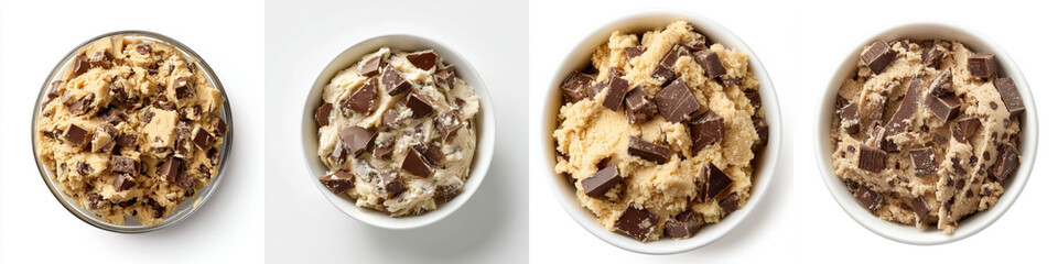 Four bowls of chocolate chip cookie dough are ready to be baked, showcasing delicious and tempting treat