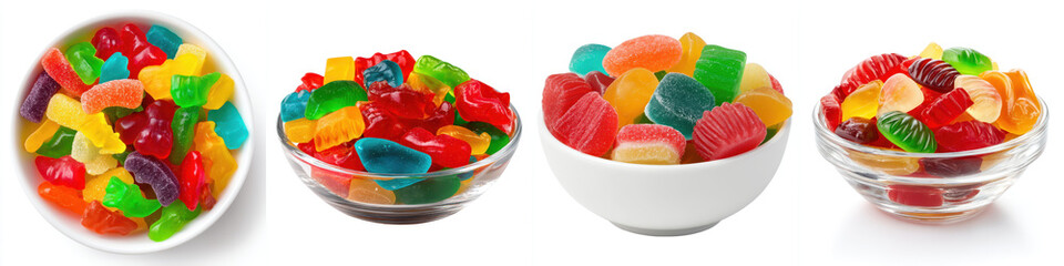 Variety of colorful gummy candies in different shapes and sizes are displayed in glass bowls, showcasing vibrant and playful assortment