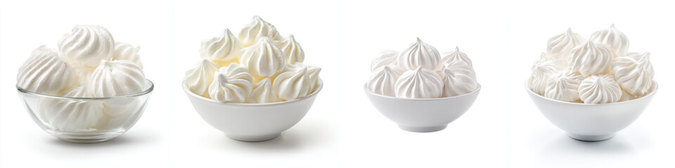 Light and airy meringue cookies in bowls, showcasing their fluffy texture and delicate appearance. Perfect for sweet treat or dessert decoration