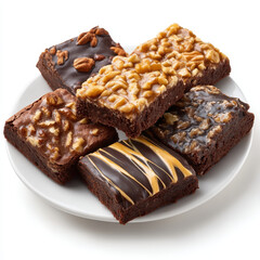 Plate of assorted brownies, some topped with nuts and drizzled with caramel, showcasing variety of textures and flavors. rich chocolate and nut toppings create inviting treat