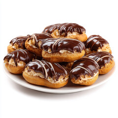 Plate of delicate eclairs filled with cream and topped with rich chocolate glaze, creating tempting dessert display