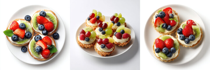 Plate of delicate fruit tarts with creamy filling, topped with fresh strawberries, blueberries, and kiwi, arranged beautifully. vibrant colors and fresh ingredients create appetizing and inviting
