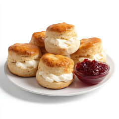 Plate of freshly baked scones with clotted cream and side of jam, perfect for delightful afternoon tea. golden brown scones are inviting and delicious