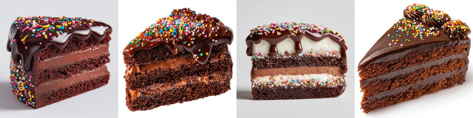 Four slices of chocolate cake with rich layers and colorful sprinkles top, showcasing different textures and frosting styles. Each slice has unique combination of chocolate, cream, and decorative