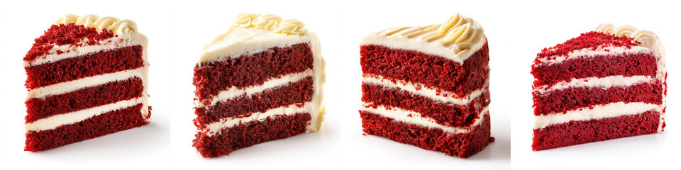 Four slices of rich red velvet cake with creamy layers of cream cheese frosting are displayed, showcasing their vibrant red color and smooth texture. cakes appear moist and delicious