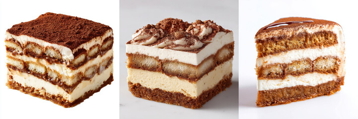 Three slices of tiramisu are displayed, each with distinct layers of coffee soaked ladyfingers and creamy mascarpone, topped with cocoa powder. desserts showcase rich and indulgent texture