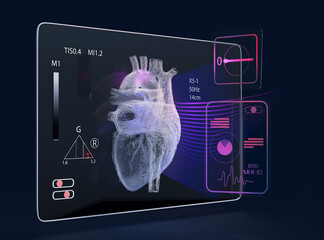 Advanced Medical Visualization: Interactive Heart Model with ECG Readings and Diagnostic Metrics Displayed on Futuristic HUD Interface 