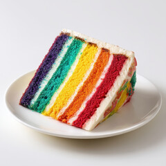 Slice of vibrant rainbow cake with layers of colorful sponge and creamy frosting on white plate. cake bright colors create cheerful and inviting appearance
