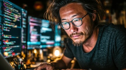 Focused Programmer Working Late at Night with Multiple Monitors