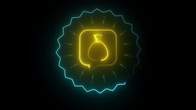 Futuristic neon money bag symbol motion graphic on dark background