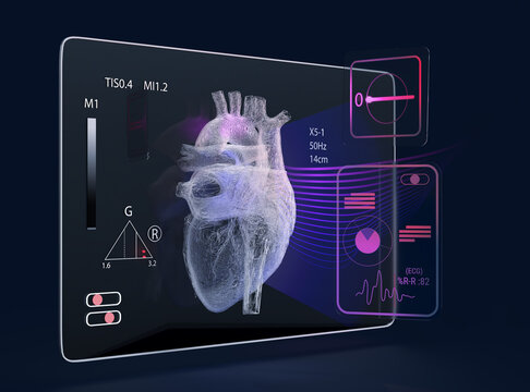 Advanced Medical Visualization: Interactive Heart Model with ECG Readings and Diagnostic Metrics Displayed on Futuristic HUD Interface 