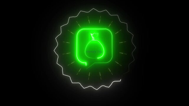 Futuristic neon money bag symbol motion graphic on dark background