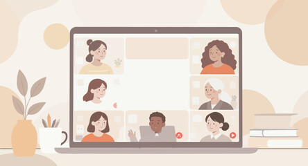A laptop screen showing a video conference with diverse people in a grid layout, set on a desk with office items, illustrating remote work or online meetings.