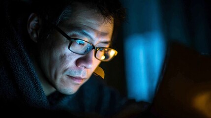 Focused man reading on laptop in dimly lit room at night