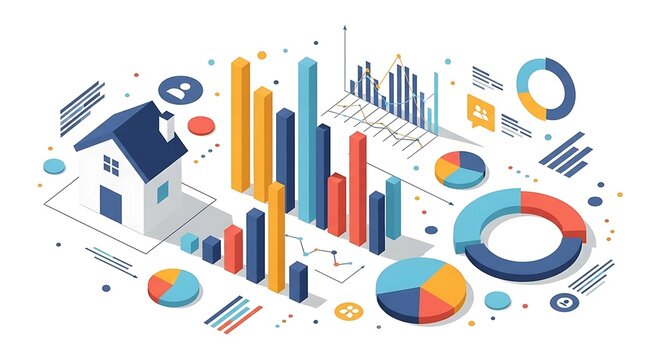 Isometric illustration of a house with financial charts and graphs, representing real estate market analysis and investment growth isolated on white background - Powered by Adobe